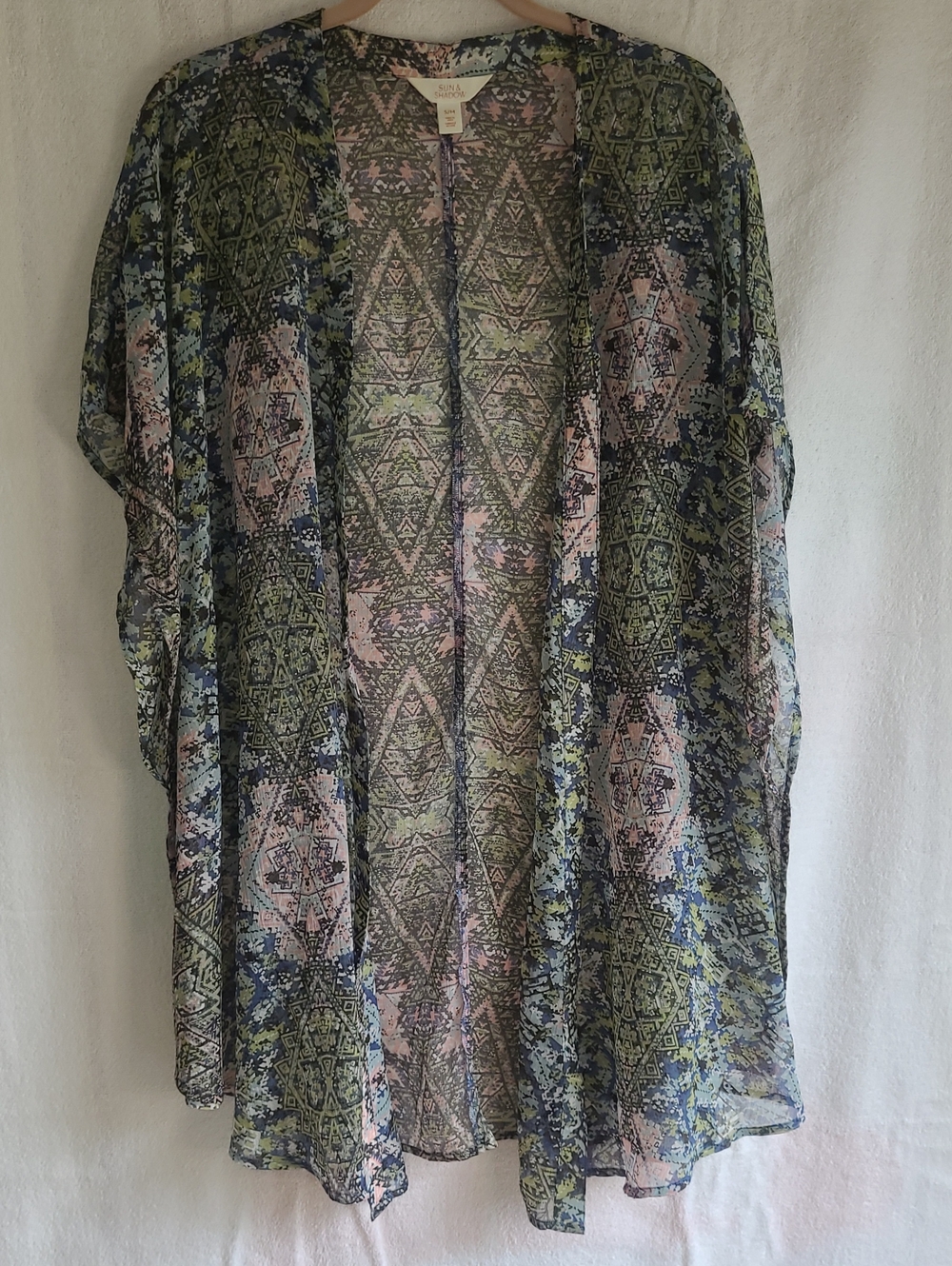 Sun & Shadow Sheer Aztec Kimono Cardigan - Blue, Green & Pink